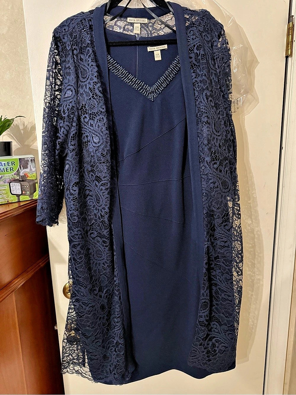 Maya Brooke Lace Overlay Beaded Neckline Blue 22W